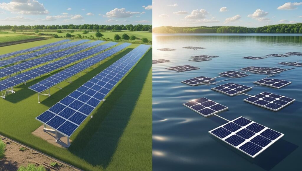 Floating solar panels on water vs traditional land-based solar array
